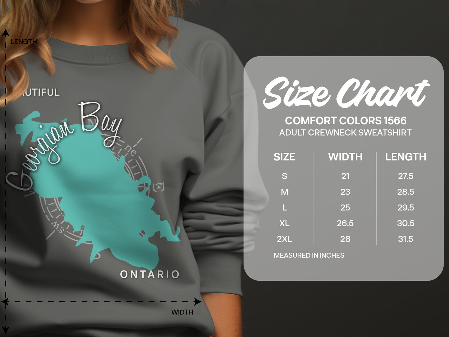 Comfort Colors size chart for adult crewneck sweatshirt with Georgian Bay graphic.