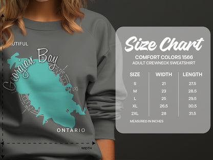 Comfort Colors size chart for adult crewneck sweatshirt with Georgian Bay graphic.