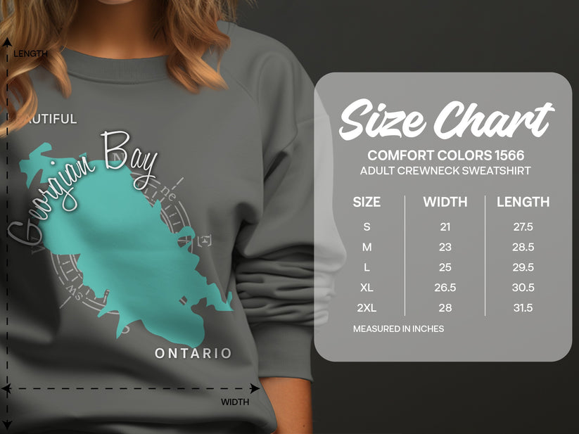 Comfort Colors size chart for adult crewneck sweatshirt with Georgian Bay graphic.