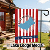 Garden flag with red and white stripes, blue state shape, "Lake Mascuppic New Hampshire".