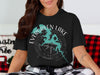 Black t-shirt with Evergreen Lake Illinois graphic and compass rose detail.