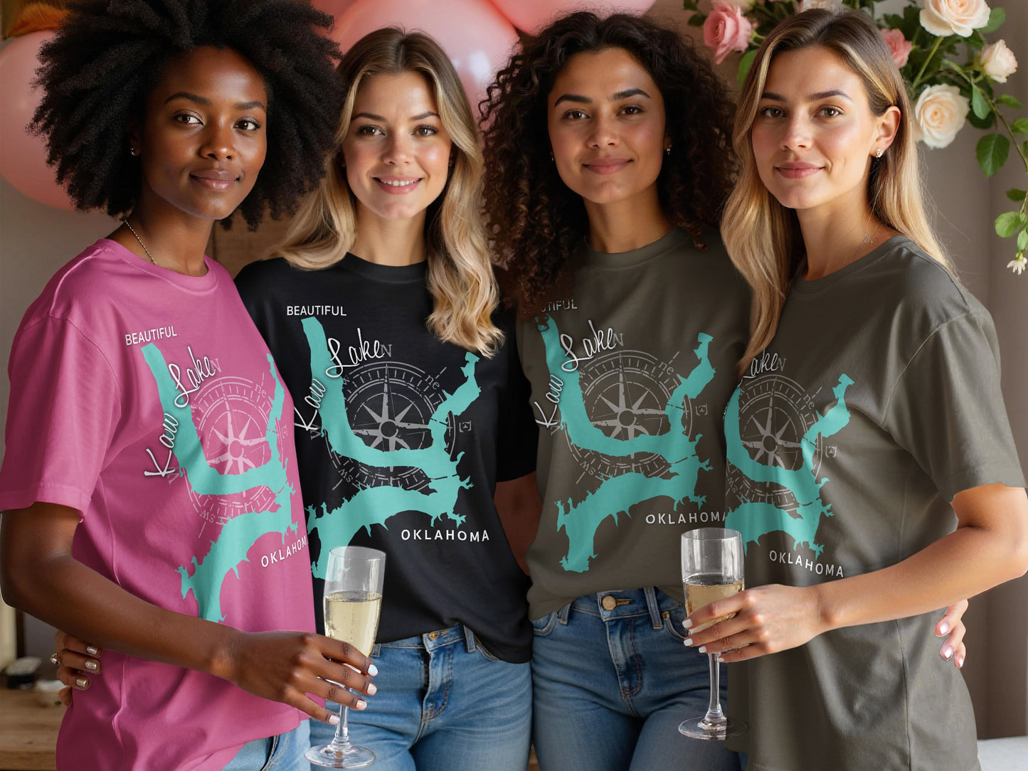 Four women in graphic t-shirts featuring Oklahoma lake map and text.