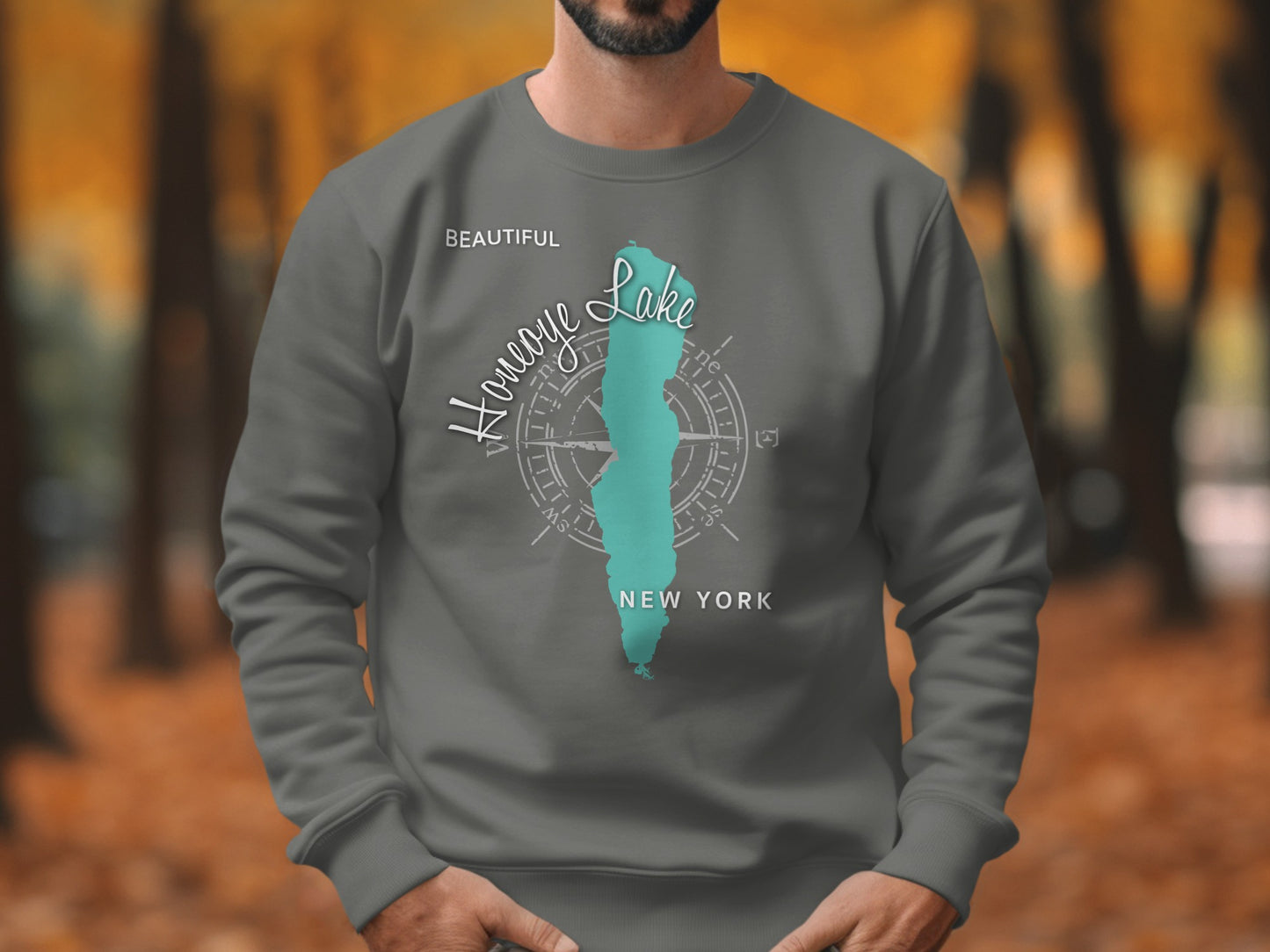 Gray sweatshirt with "Beautiful Honeoye Lake New York" text and compass design.