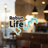 Rabun Life sticker with turquoise lake outline and copyright text.
