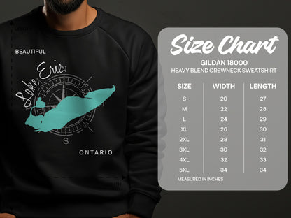 Gildan 18000 sweatshirt size chart with lake graphic.