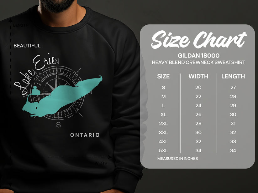 Gildan 18000 sweatshirt size chart with lake graphic.