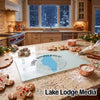 Glass cutting board featuring a blue Lake Winnebago map design on a festive kitchen counter.