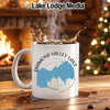 White mug with "Diamond Valley Lake California" text and blue lake map.