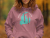 Pink hoodie with Merrill Creek Reservoir map and text in white and teal.