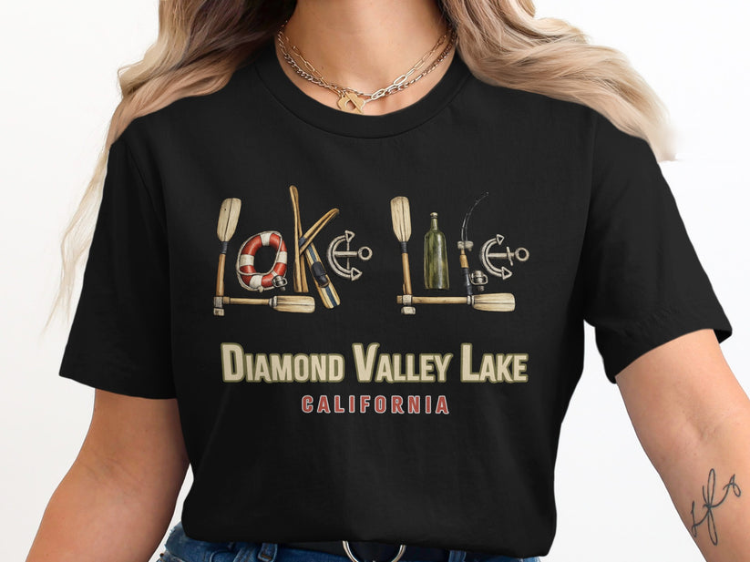 Black t-shirt with "Diamond Valley Lake California" and lakeside graphic.