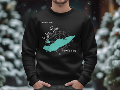 Black sweatshirt with turquoise Lake Erie map and compass design.