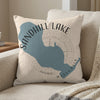 Sandhill Lake map and text on a decorative throw pillow.