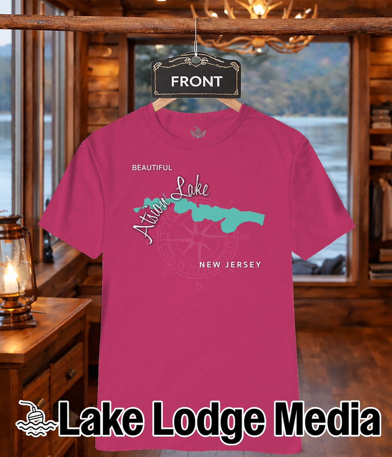 Pink t-shirt with "Beautiful Atsion Lake New Jersey" text and lake outline.