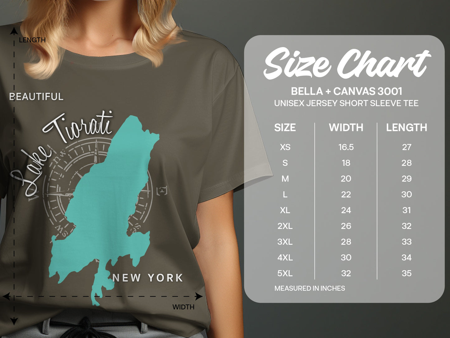 T-shirt with Lake Tiorati map, New York, and size chart.