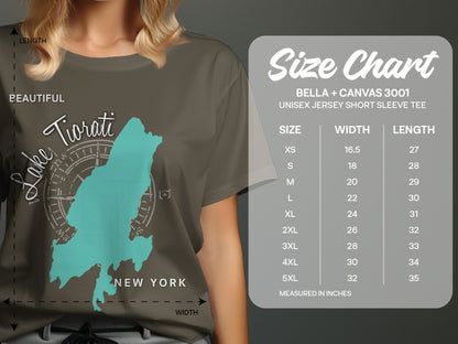 T-shirt with Lake Tiorati map, New York, and size chart.
