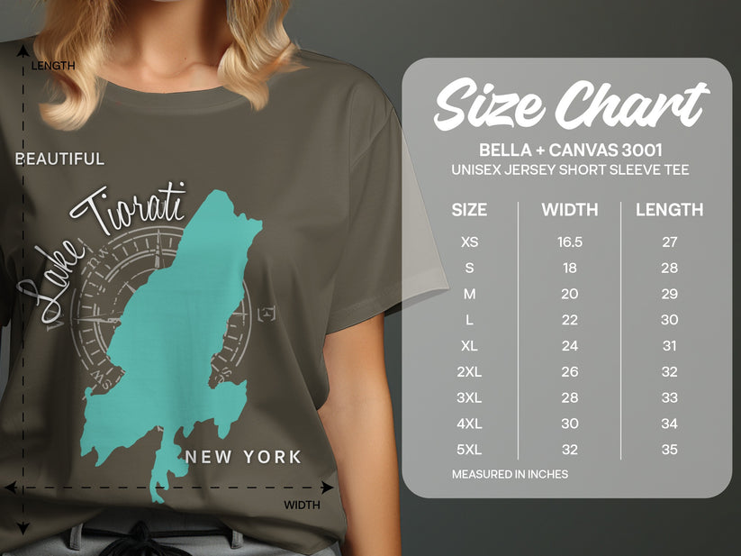 T-shirt with Lake Tiorati map, New York, and size chart.