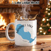 White mug with Sandhill Lake, Wisconsin graphic and compass rose.