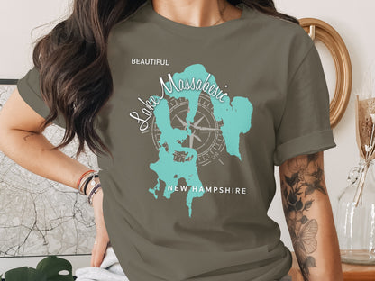 Olive t-shirt with a teal map of Lake Massabesic, New Hampshire, and compass rose.