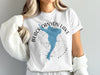 White t-shirt with blue outline of Black Canyon Lake, Arizona and compass graphic.