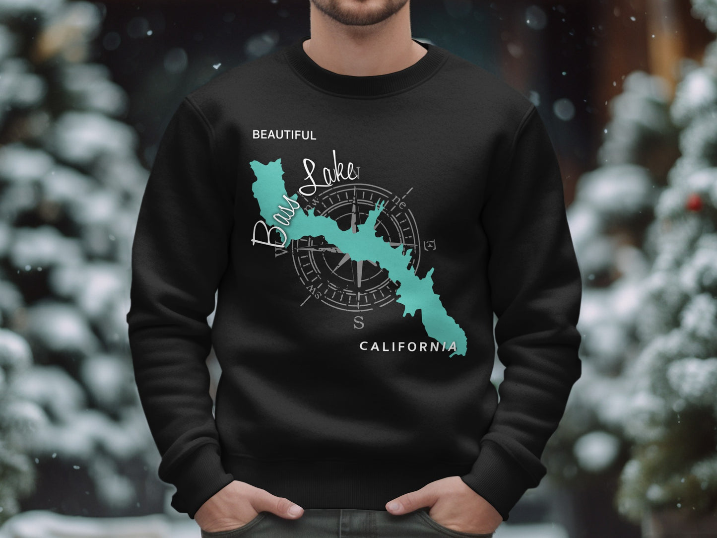 Black sweatshirt with "Beautiful Bass Lake California" map graphic and compass rose.