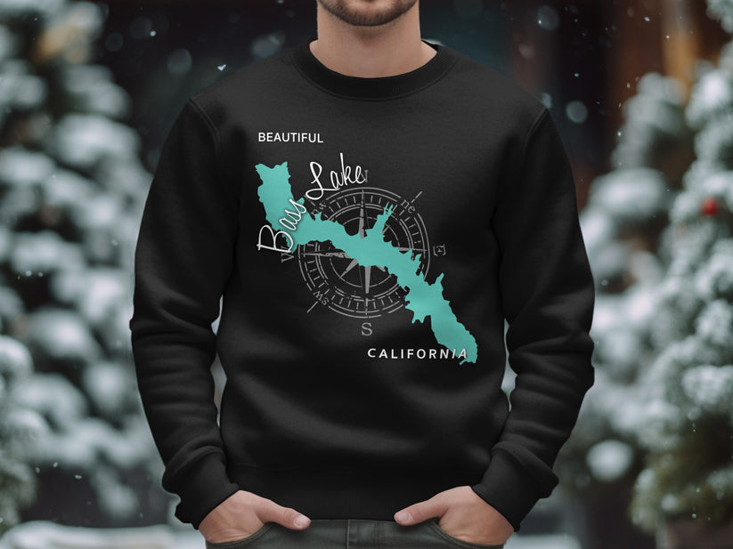 Black sweatshirt with "Beautiful Bass Lake California" map graphic and compass rose.