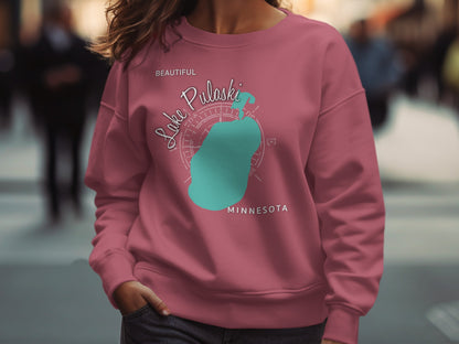 Rose sweatshirt with "Beautiful Lake Havasu Minnesota" map outline and compass.