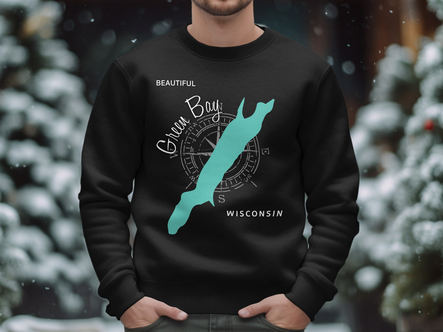 Black crewneck sweatshirt with Green Bay, Wisconsin map and compass design.