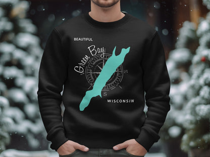 Black crewneck sweatshirt with Green Bay, Wisconsin map and compass design.