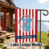 Customizable garden flag with red and white stripes, Lake Casitas map, and Smith Family name.