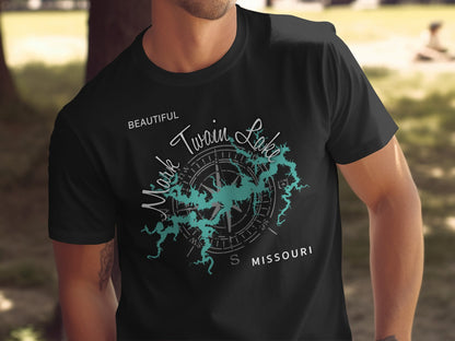 Black t-shirt featuring a teal compass rose overlaying Mark Twain Lake, Missouri.