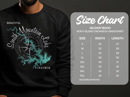 Sweatshirt with Smith Mountain Lake Virginia map graphic and size chart.