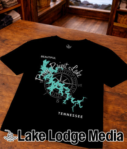 Black t-shirt with teal Priest Lake, Tennessee map and compass graphic.