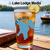 Glass of iced tea with "Lake Huron" map graphic and lemon slice.