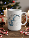 White mug with Lake Cecil M. Harden Indiana map and compass design.