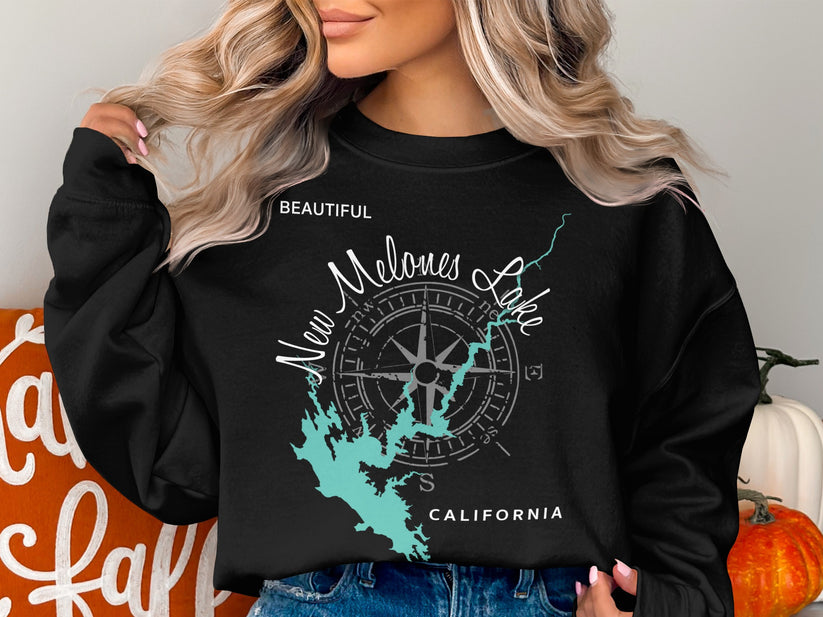 Black sweatshirt with "New Melones Lake California" and compass rose graphic.