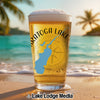 Glass of beer on beach with "Saratoga Lake" and compass graphic.