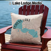 Pillow with Forest Lake, Minnesota map and compass on a red Adirondack chair.