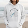 White hoodie with Lake Guntersville Alabama map and compass design.