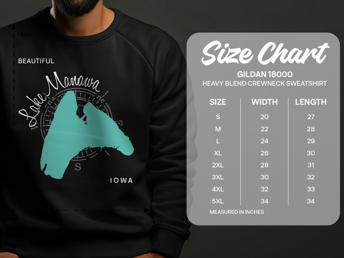 Lake Manawa graphic sweatshirt size chart showing measurements in inches.
