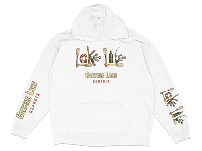 White hoodie with "Carters Lake Georgia" text and lake-themed graphics.