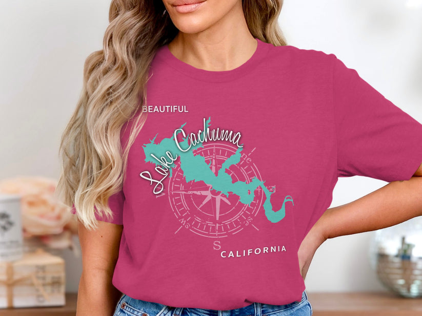 Pink t-shirt with "Beautiful Lake Cachuma California" text and compass rose design.