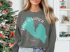 Grey sweatshirt with turquoise Lake Almanor California map graphic and compass rose.