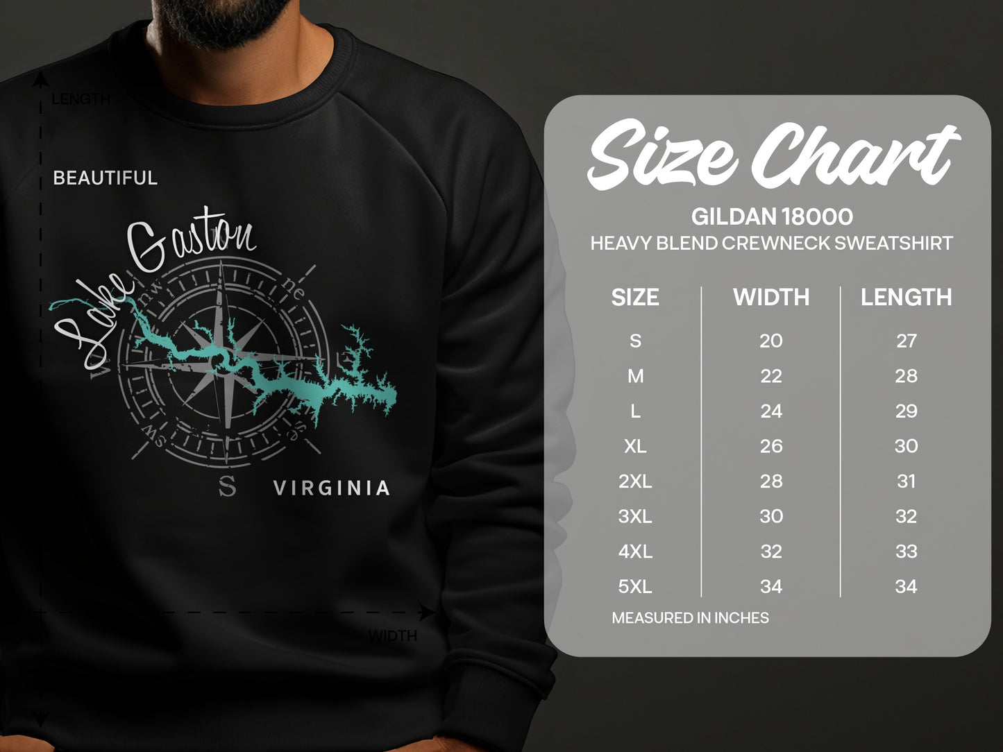 Gaston Lake Virginia graphic crewneck sweatshirt size chart.