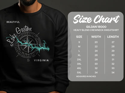 Gaston Lake Virginia graphic crewneck sweatshirt size chart.
