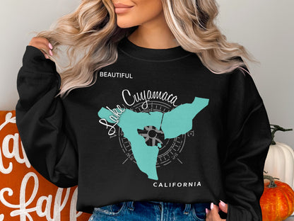 Black sweatshirt with Lake Cuyamaca map and compass rose graphic.