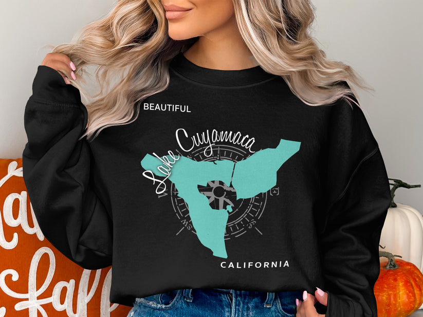 Black sweatshirt with Lake Cuyamaca map and compass rose graphic.