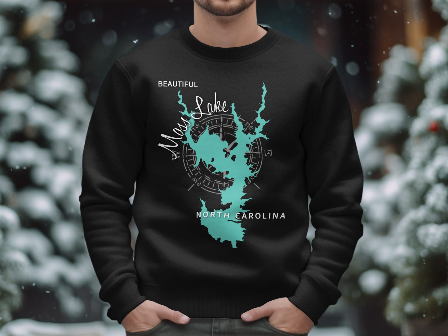 Black sweatshirt with teal outline map of Lake Norman, North Carolina.
