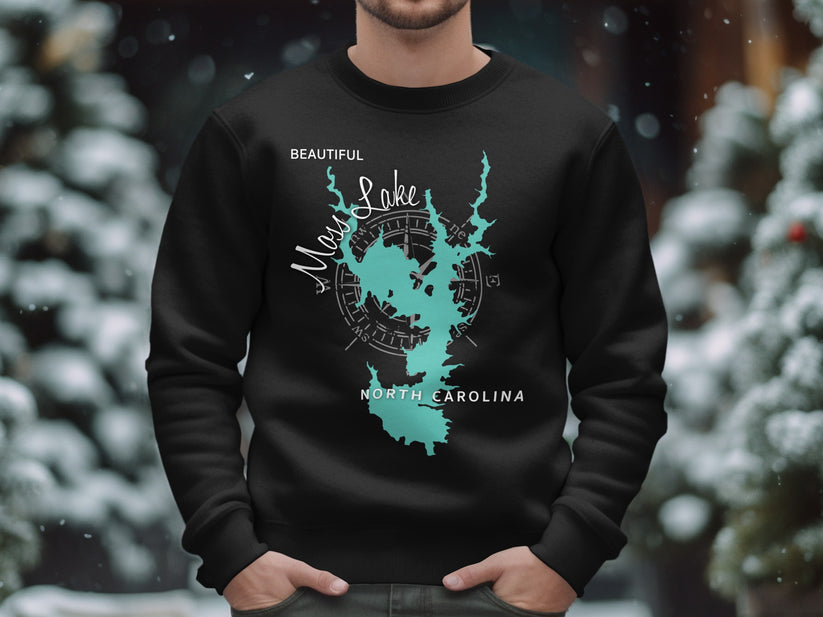 Black sweatshirt with teal outline map of Lake Norman, North Carolina.