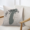 Pillow with Lake Michigan outline, compass, and text "Lake Michigan Illinois".