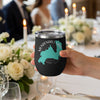 Black tumbler with Mendenhall Lake, Alaska map and compass design.